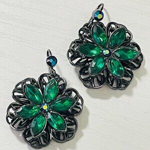 Emerald Green Floral Statement Earrings - Black Metal Filigree